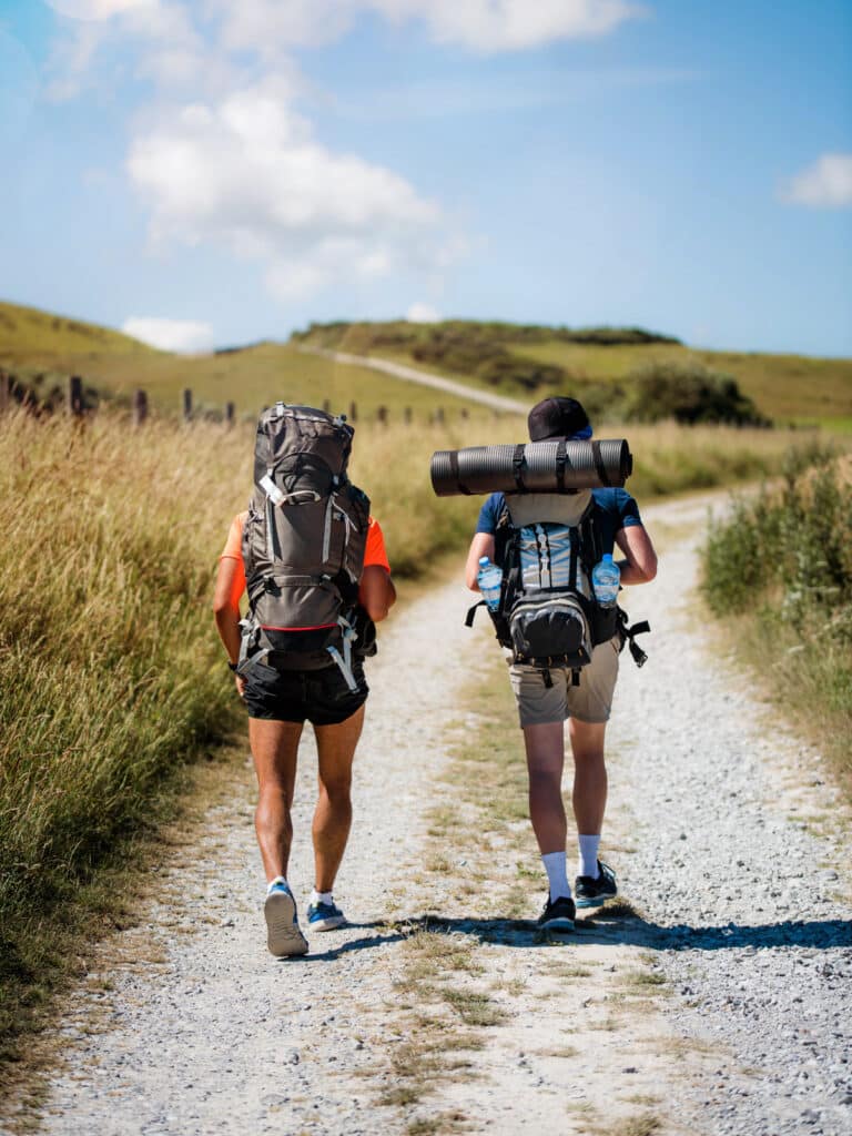 hikers with their backpacks in the paths in summer